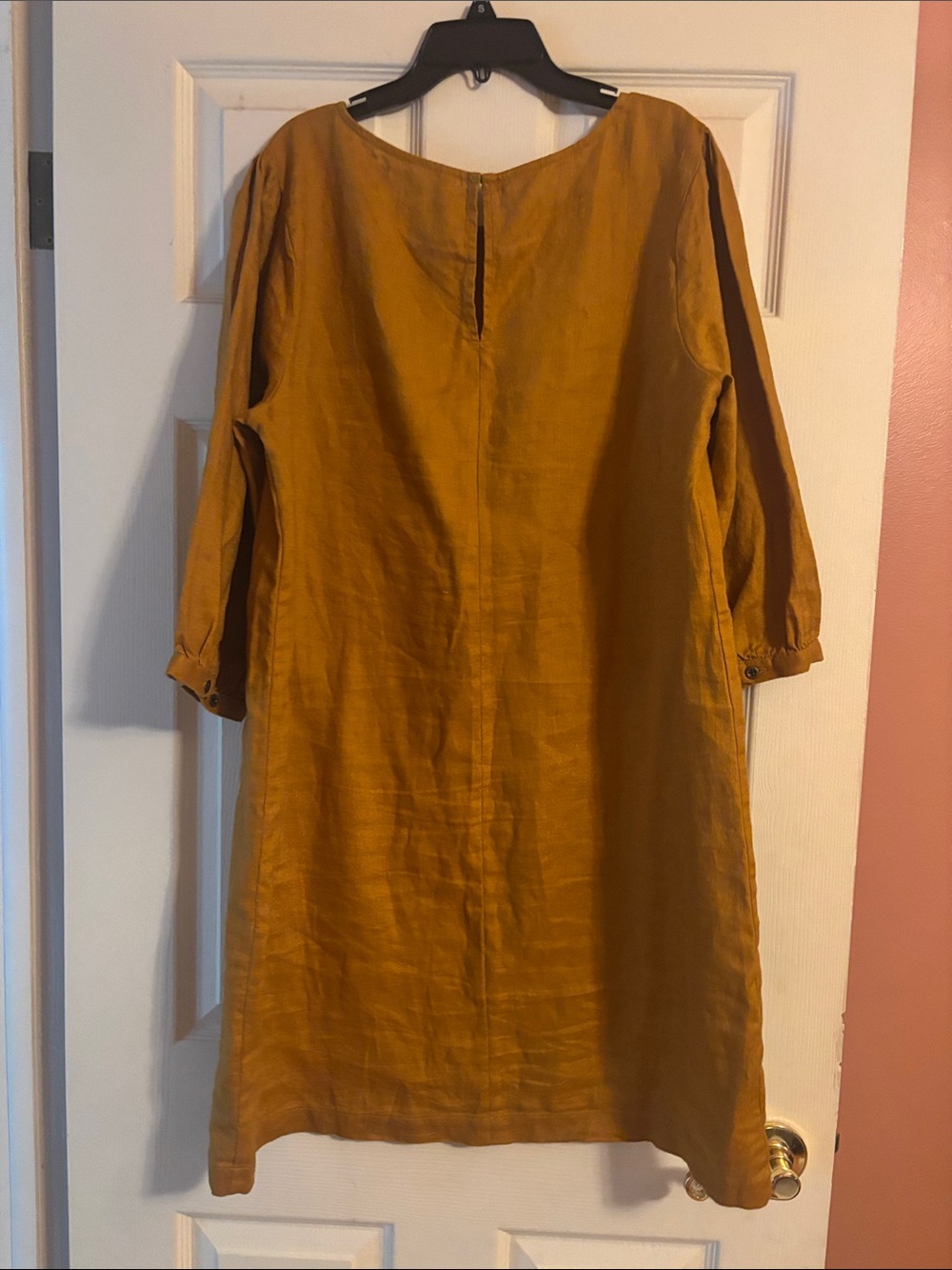 Garnet Hill Linen Mustard Midi Dress with 3/4 Sleeves - Picture 3 of 6
